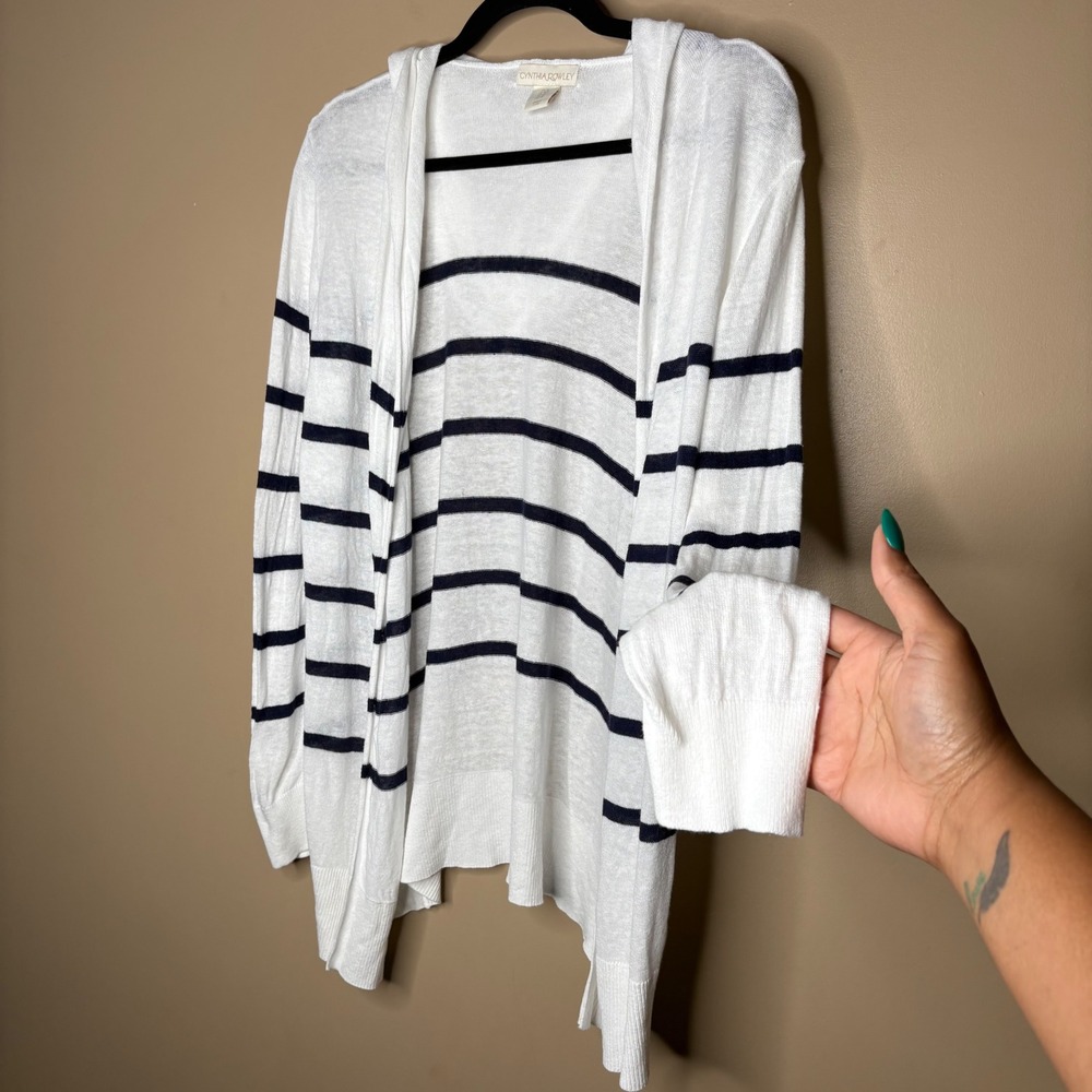 Cynthia Rowley Womens Medium Linen Blend Striped Hooded Open Front Cardigan